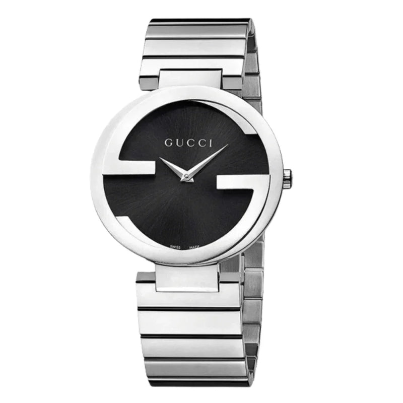 Gucci Interlocking Silver Stainless Steel Black Dial Quartz Watch for Ladies YA133502